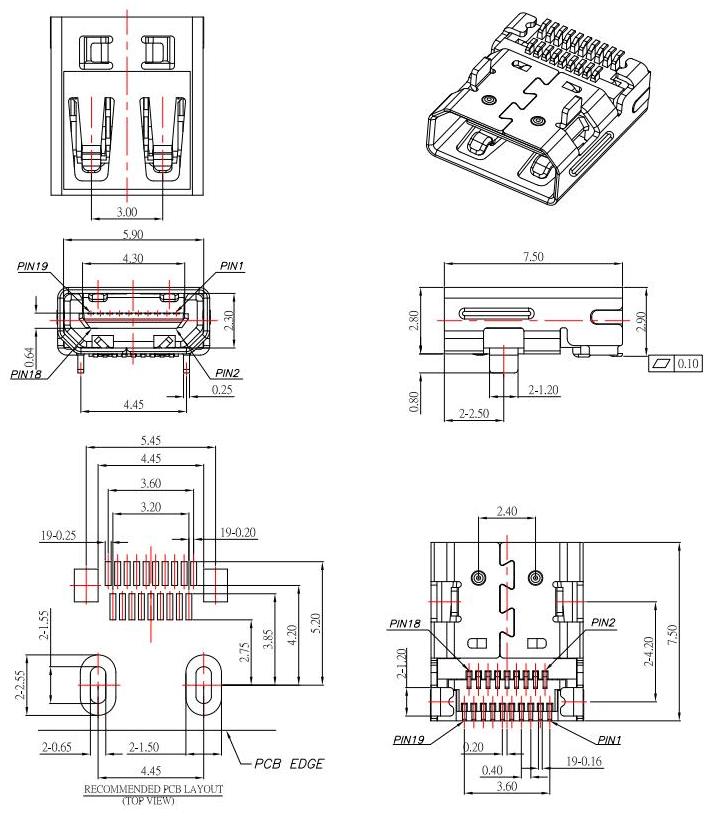 HDMI D TYPE ,雙排SMD ,前插后貼HDMI JACK SE,HDMI-D-4規(guī)格書(shū)